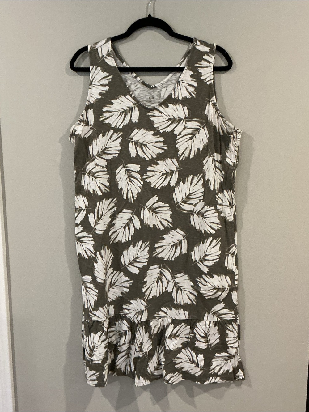 J. Jill Green Beige Cotton Shift Dress Sleeveless V-Neck Knee Ruffle Large